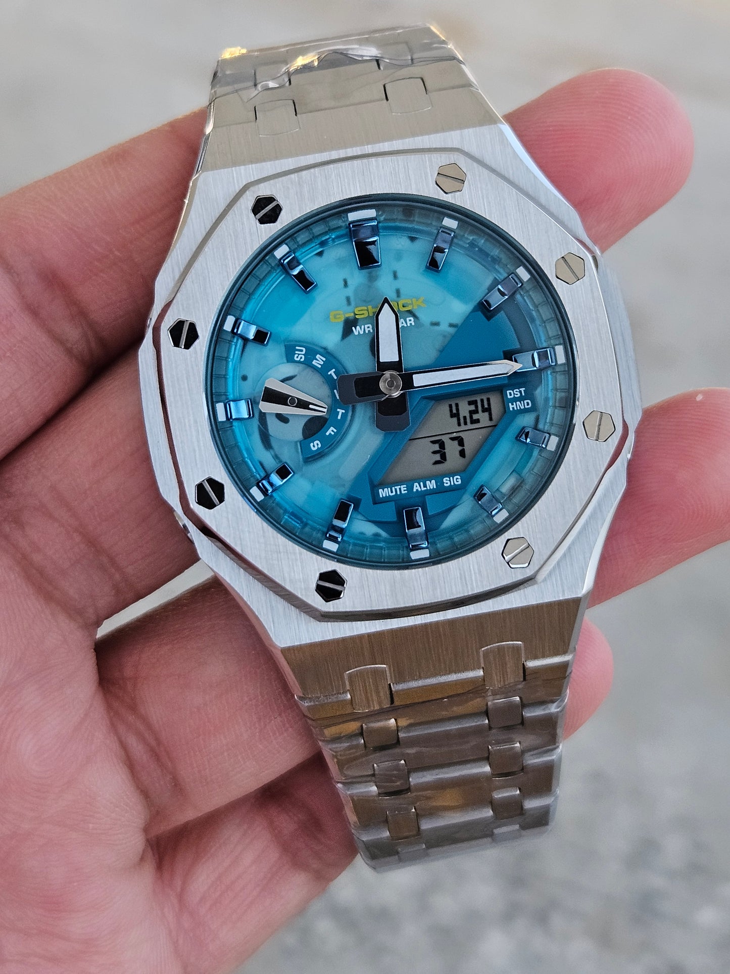 Custom G-SHOCK GA-2100AS-5ADR with Stainless Steel Case – Sky Blue Dial
