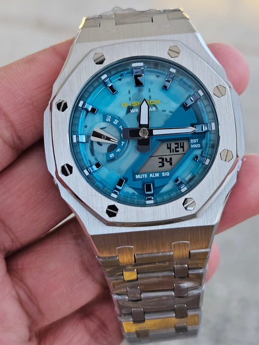 Custom G-SHOCK GA-2100AS-5ADR with Stainless Steel Case – Sky Blue Dial