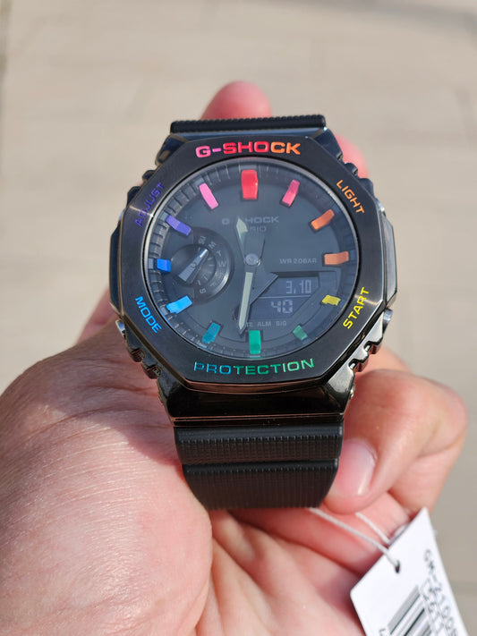 "Custom Hand-Painted Casio G-Shock GM-2100 Rainbow Mod - Unique Limited Edition"