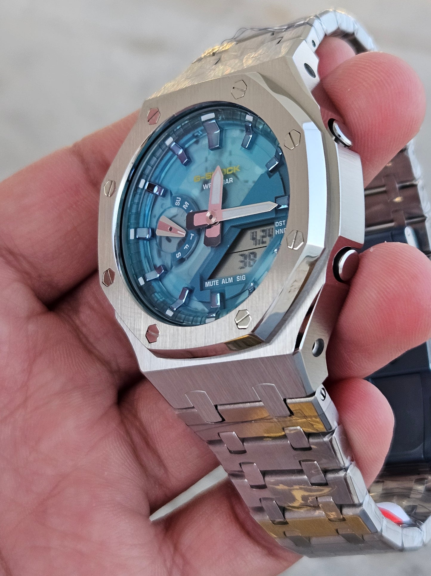 Custom G-SHOCK GA-2100AS-5ADR with Stainless Steel Case – Sky Blue Dial