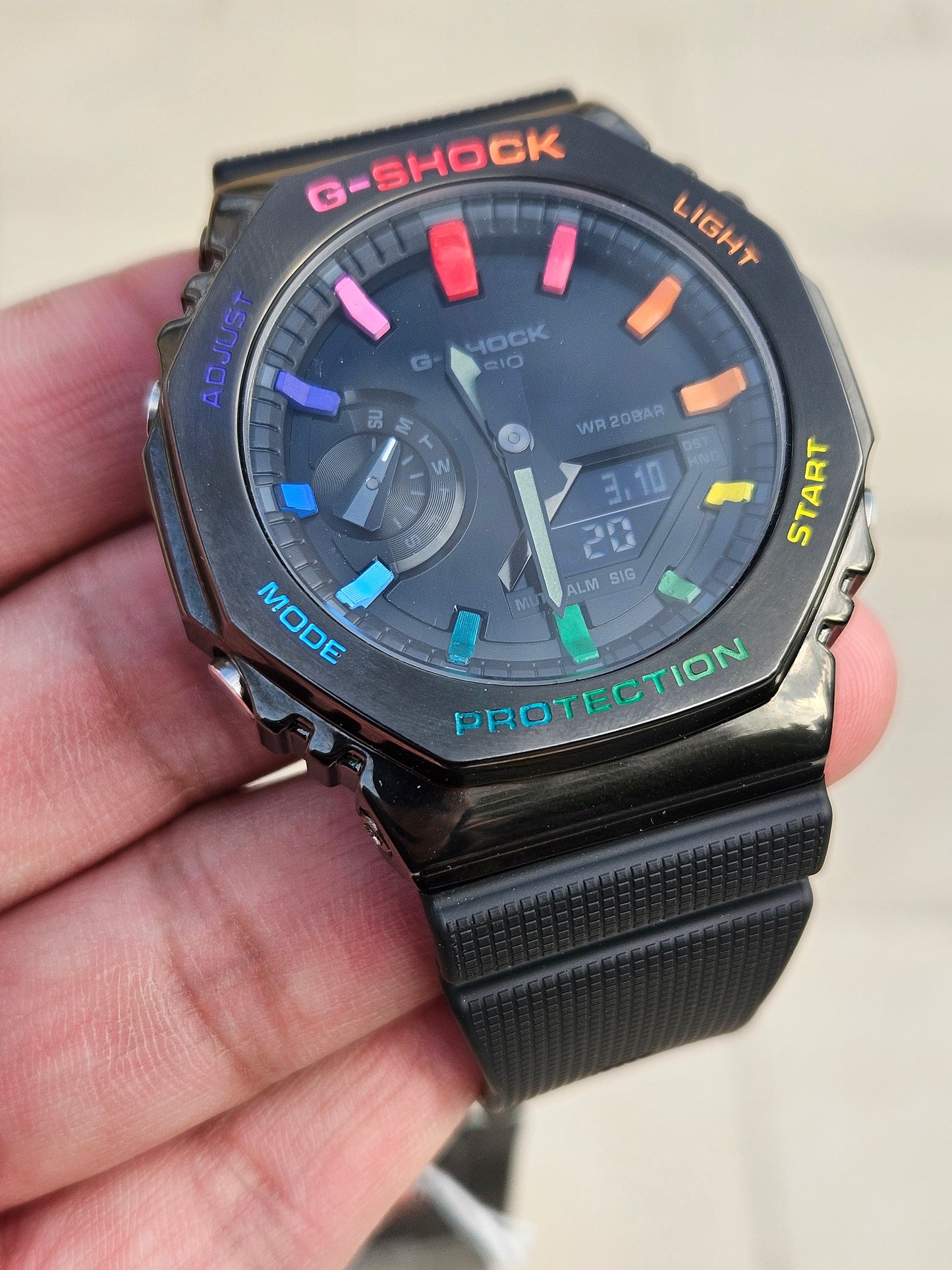 "Custom Hand-Painted Casio G-Shock GM-2100 Rainbow Mod - Unique Limited Edition"