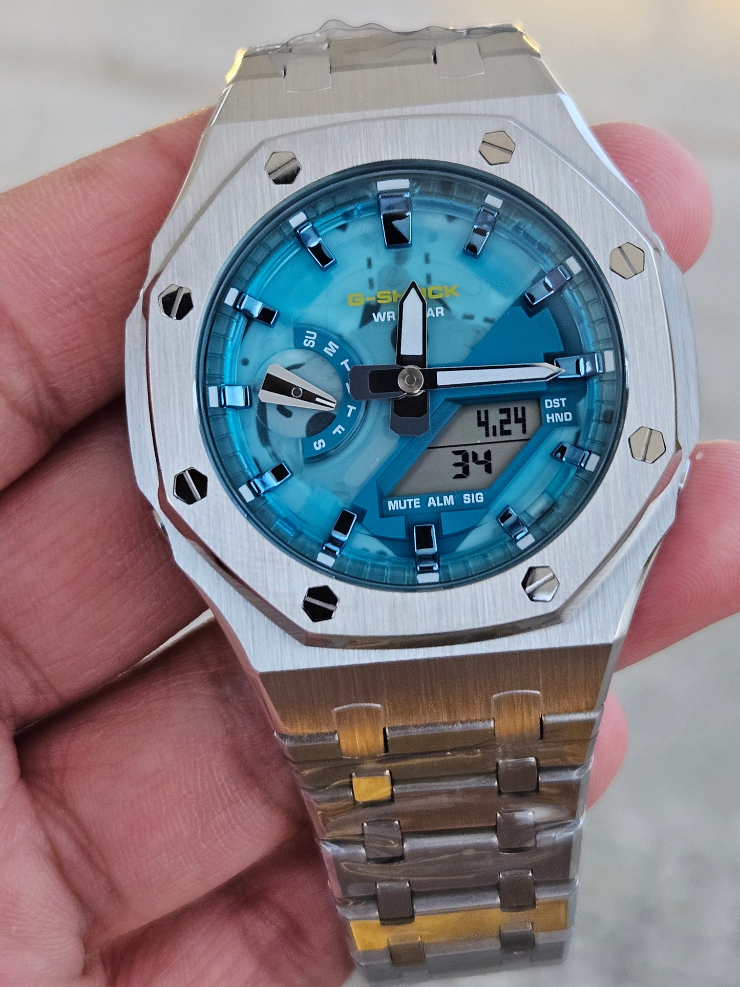 Custom G-SHOCK GA-2100AS-5ADR with Stainless Steel Case – Sky Blue Dial